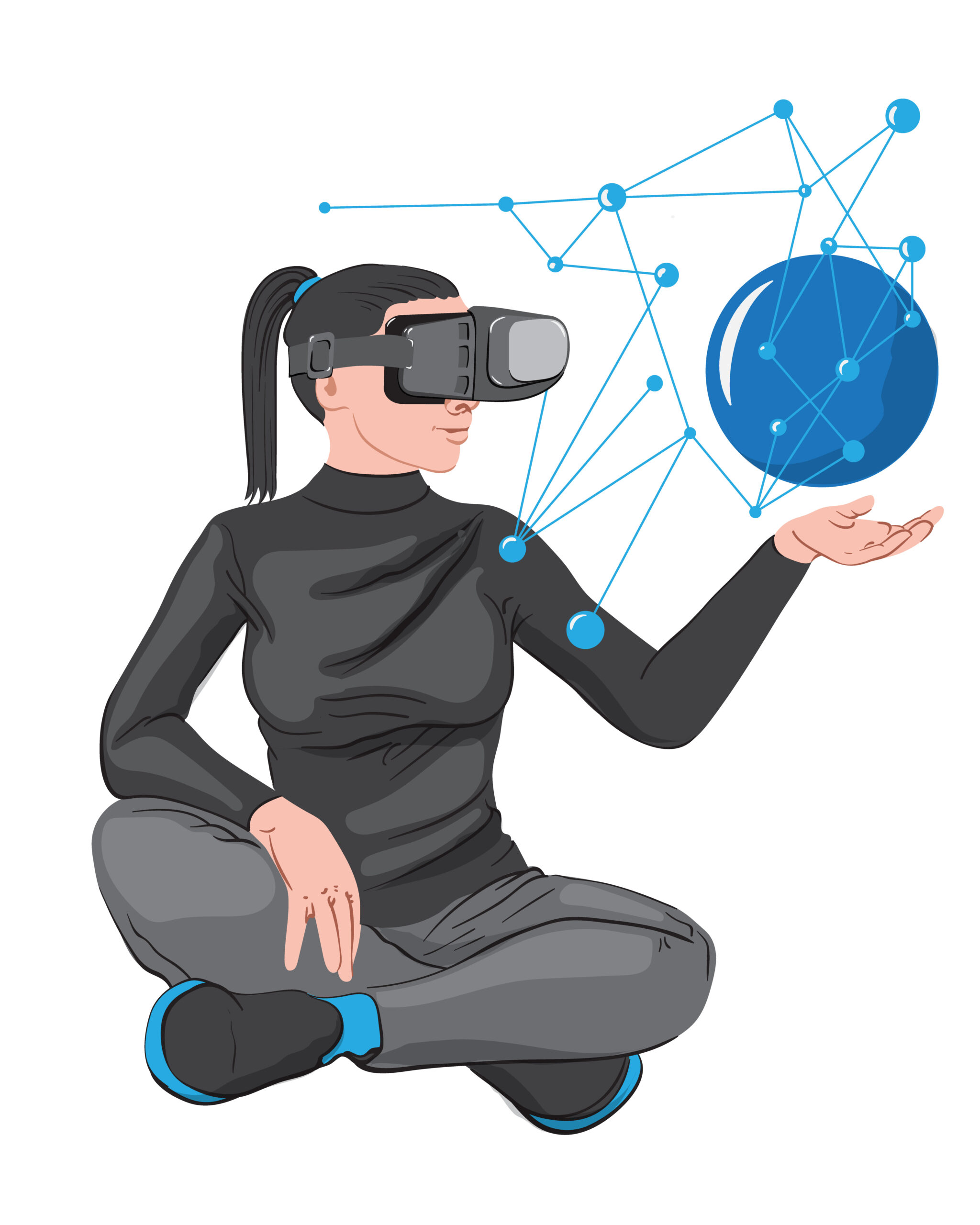 Woman in virtual reality headset creating a network in her palm